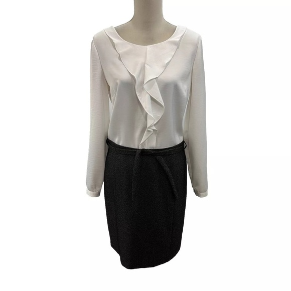 Style Benetton Combo Dress Women’s Medium White Satin Top Gray Skirt Belted - Picture 2 of 10